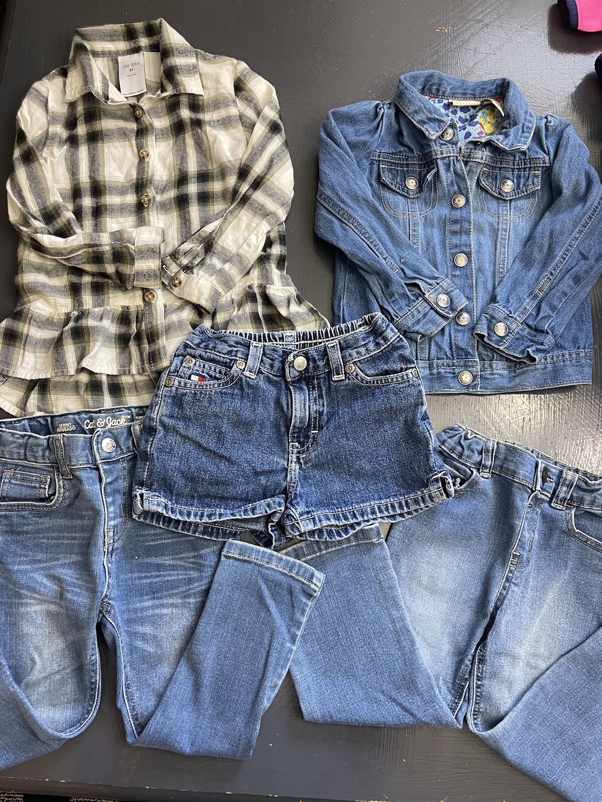 Girls 3T Denim Lot Jacket Jeans & Shorts Plaid Flannel Shirt EUC Toddler