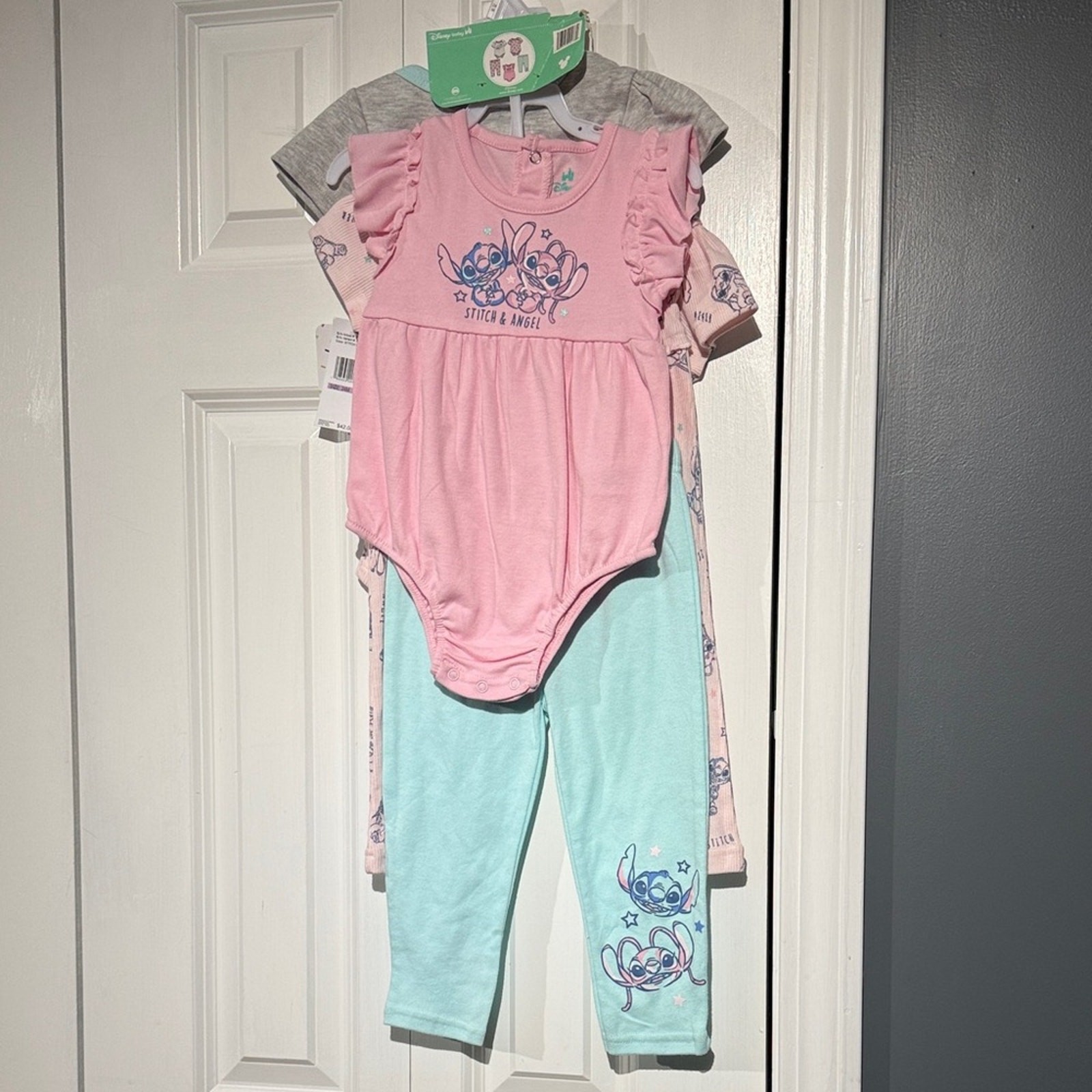 Disney Baby Stitch & Angel Gray Pink & blue 5 piece pants & bodysuits NWT
