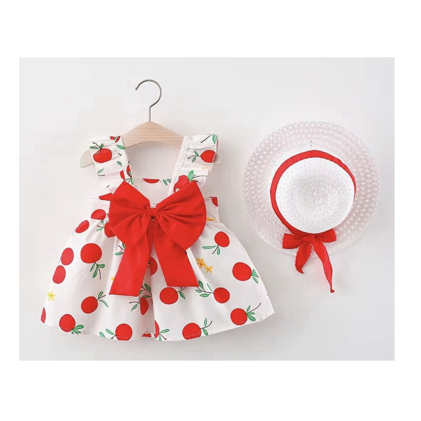 Girls Baby Cherry Print Dress Set with Bow and Straw Hat, White Red Green