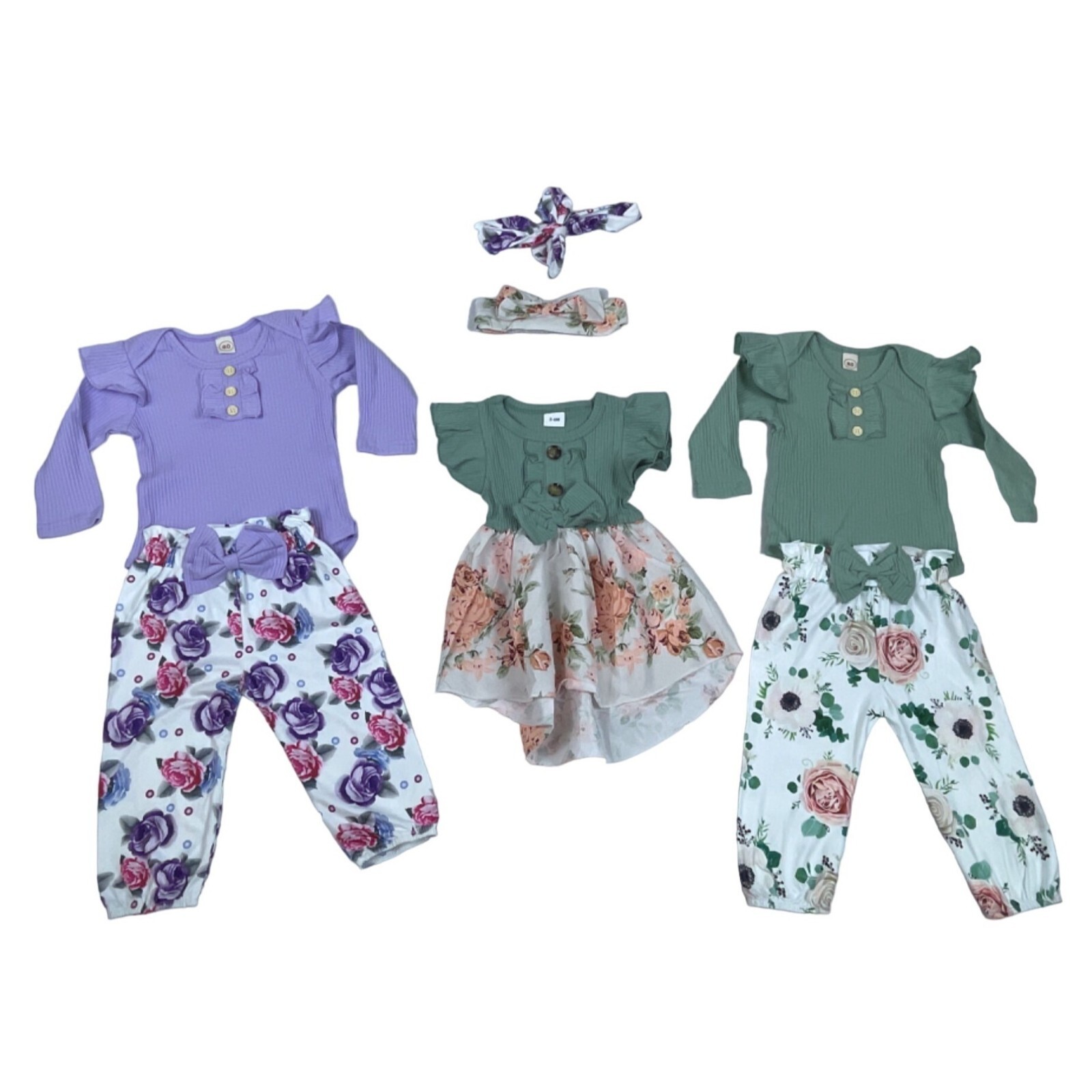 Shenzhen Toddler Girl’s Green and Purple 3-Piece Florals Set Sz 3-6M