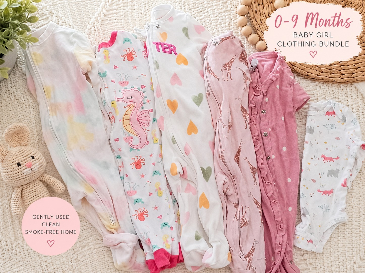 Girls 0-9M 6pc Cotton Jersey Sleeper & Bodysuit Set Zip Long Sleeve