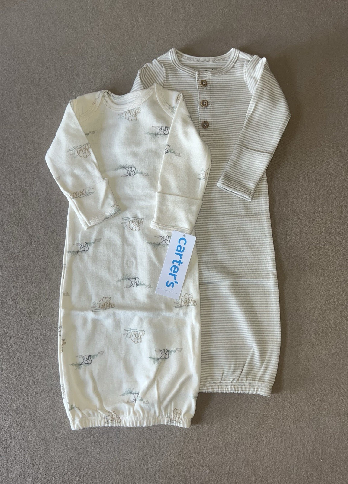 TWO Carter’s Unisex Preemie 100% Cotton Long-Sleeve Layette Gowns, New with Tags