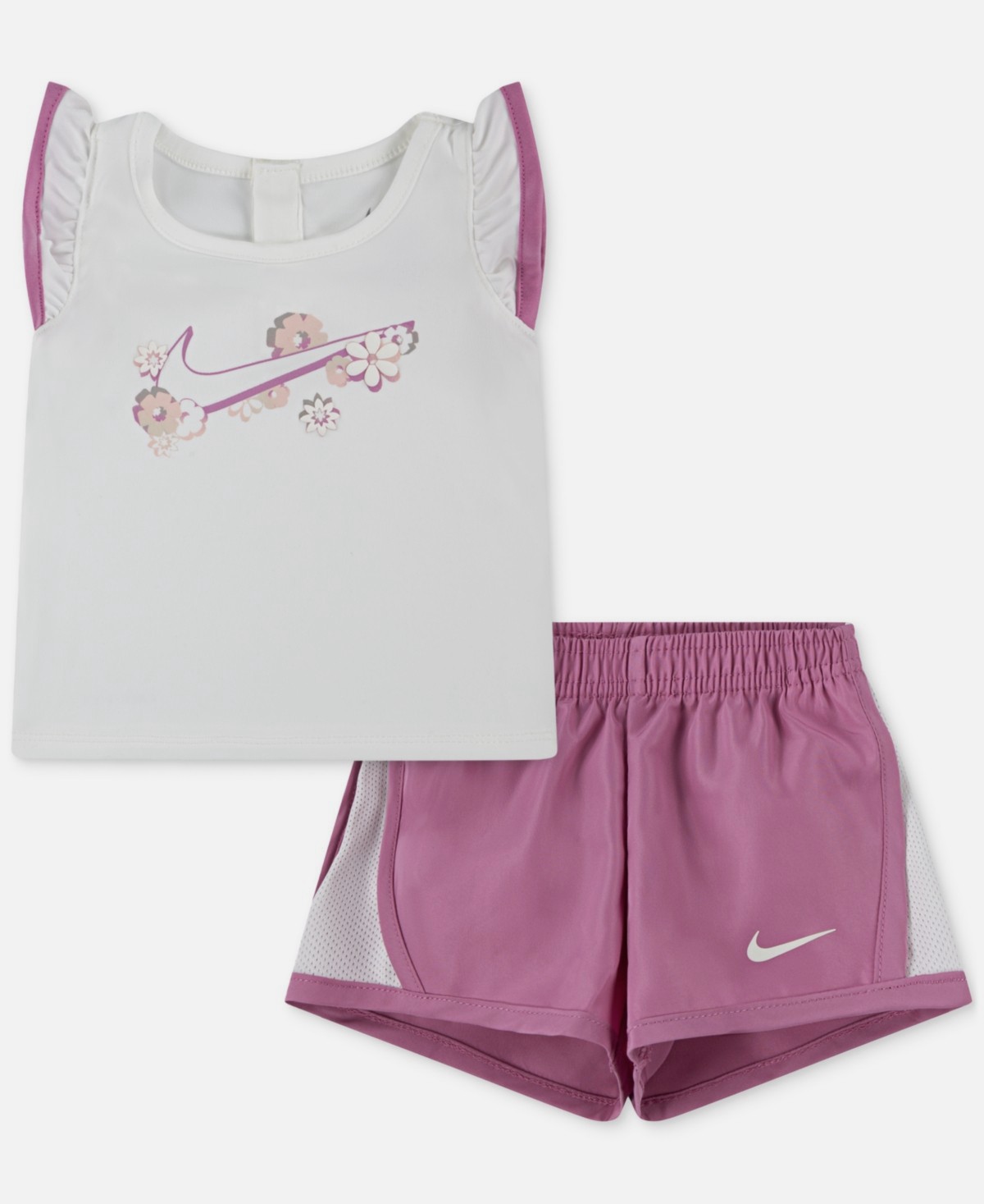 Nike Baby White Dri-FIT Flow-ral Tempo 2 Piece Set Ruffled Tank Shorts Size 12M
