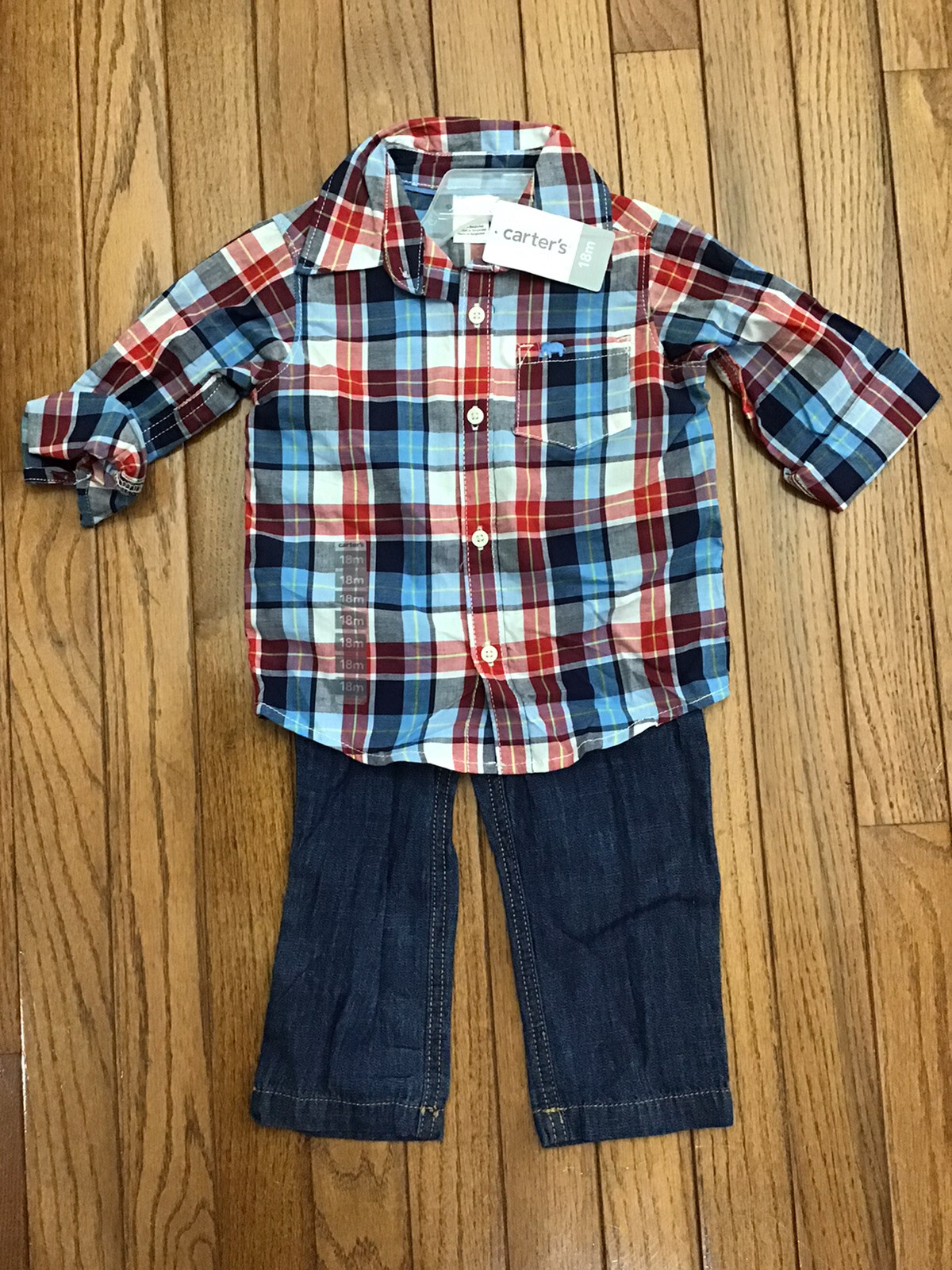 New Carter’s 18 Month Set Boy’s Plaid Shirt & Jeans Elastic Elephant Logo (C18-7