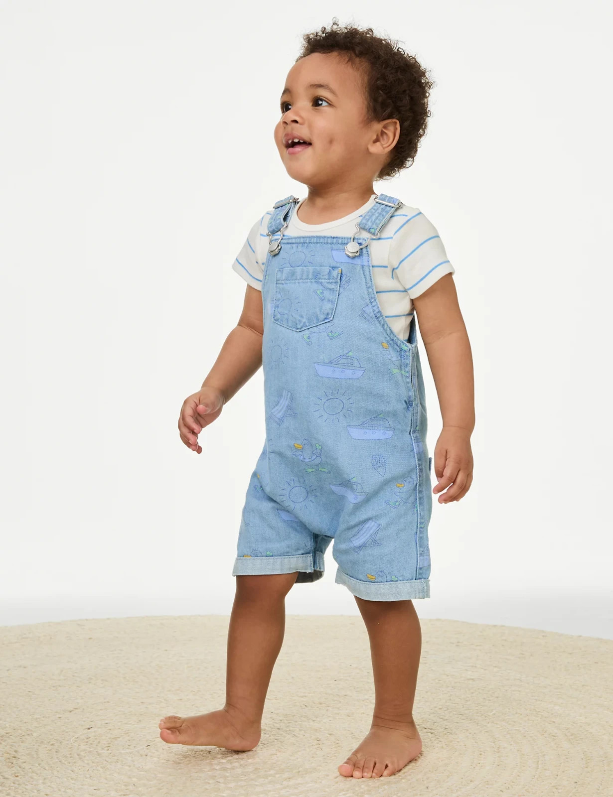 New M&S White Blue Striped T-shirt Denim Printed Dungarees Outfit Set 18-24M