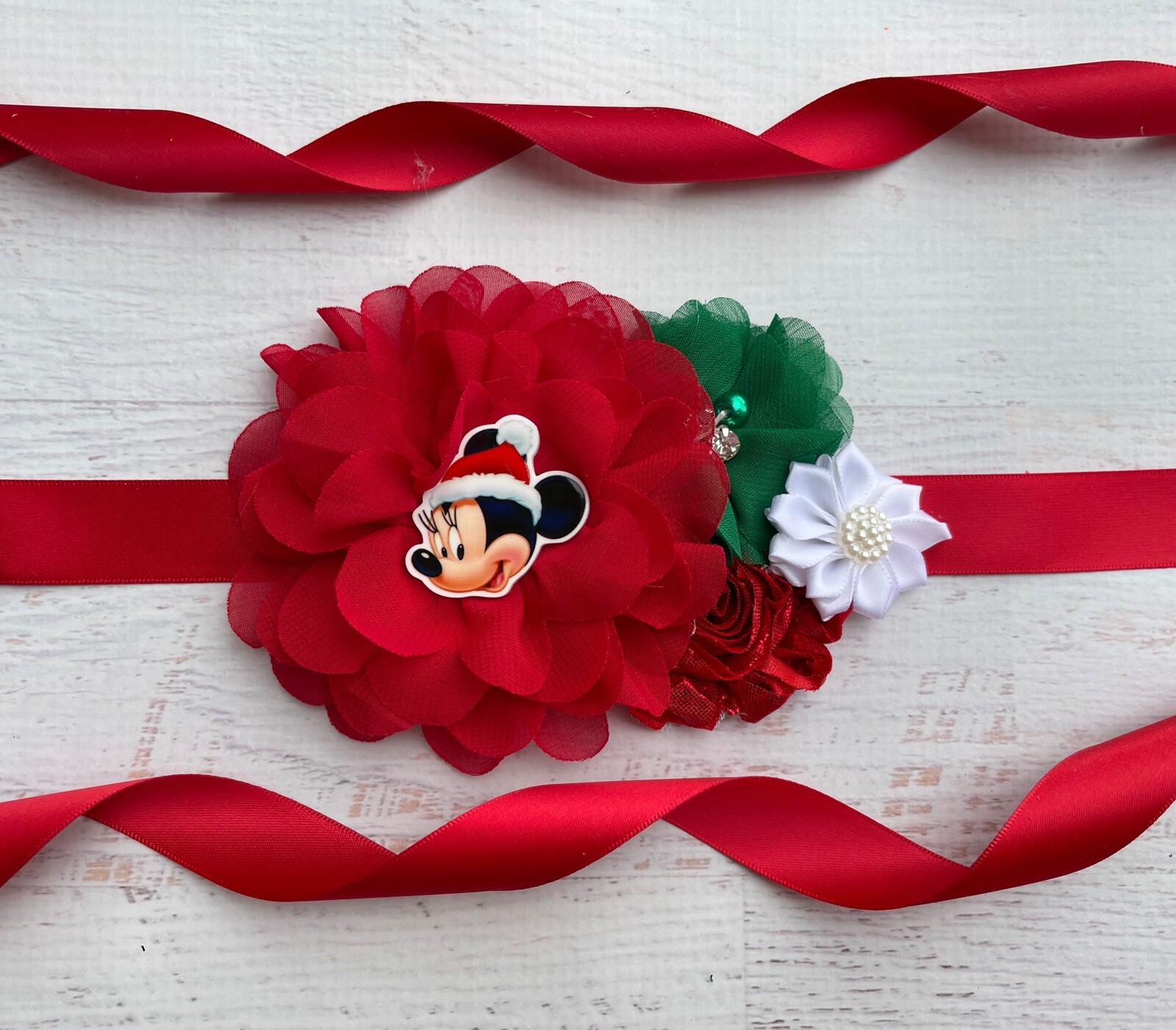 Red /Green /White Minnie Mouse Santa Flower Sash Belt For Toddler/ Girl