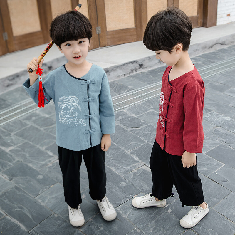 2Pcs Chinese Traditional Kids Boys Tang Suit Clothes Hanfu Cotton Retro Casual