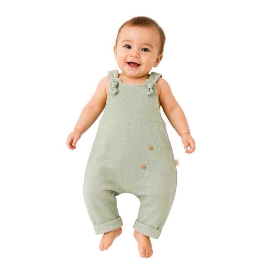 Organic Cotton Baby Overalls Green 3-6M GOTS Certified Romper