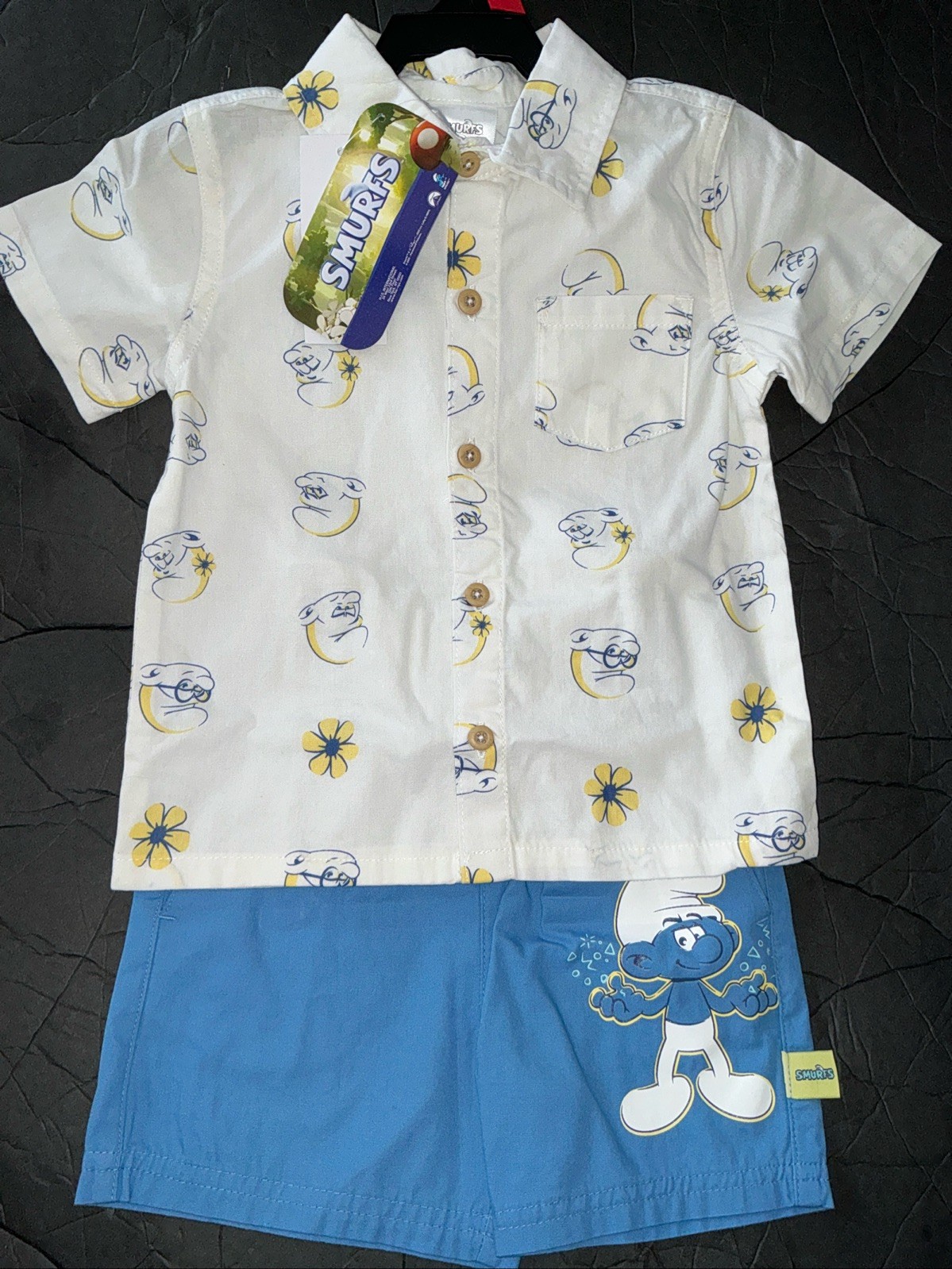 Boys 2t Smurfs Shorts Set Button Up Shirt Draw String Shorts NWT