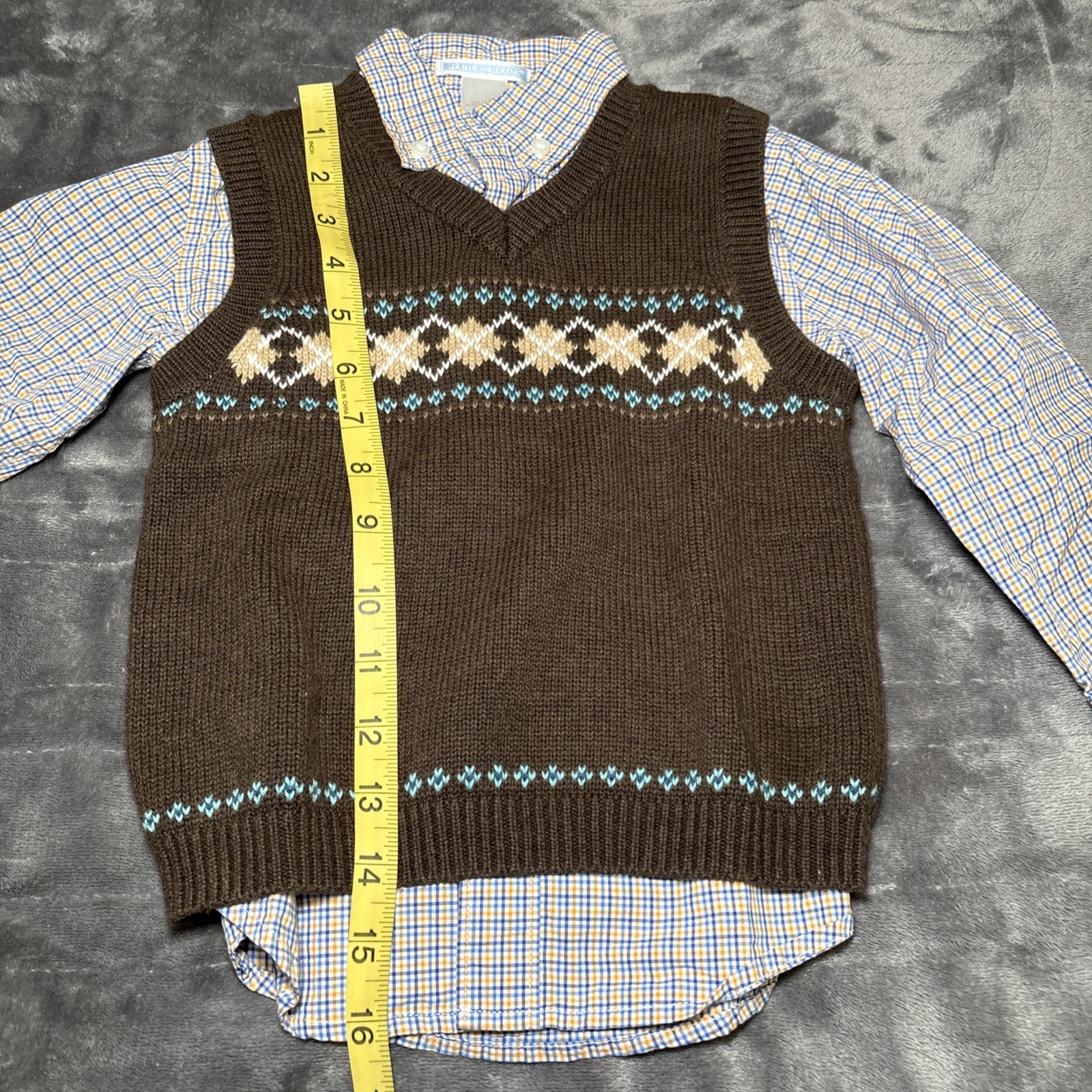 JANIE & JACK Kids Plaid Button Down Dress Shirt & Brown Sweater Vest Size 3