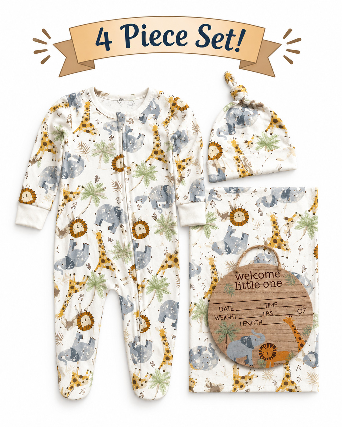 NWT Baby Essentials 4 Pc Baby Boy Gift Set 3M Bamboo Sleeper Swaddle Hat Plaque