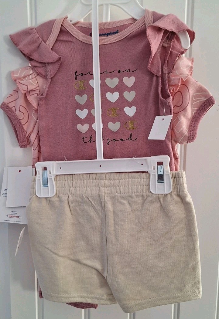 NWT Champion Baby Girl 3 Piece Set Pink Ivory Shorts Undershirt Romper Size 6 mo