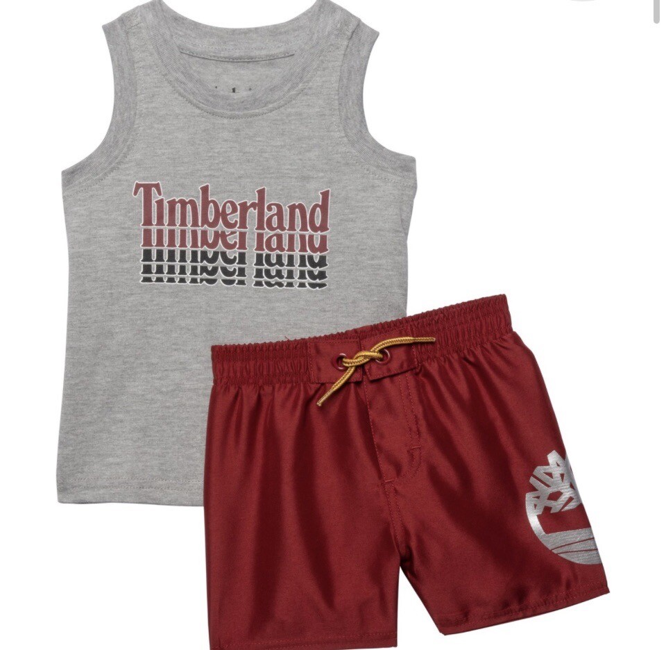 Timberland baby boys 2 Pieces Muscle Top Shorts Set, Grey Maroon Size 24m NWT