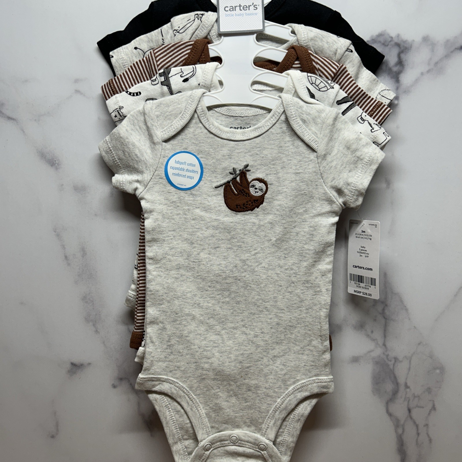 Carter’s Baby Boys Sloth Jungle Safari Animals Bodysuits 5 Piece 3 Month S/S NEW