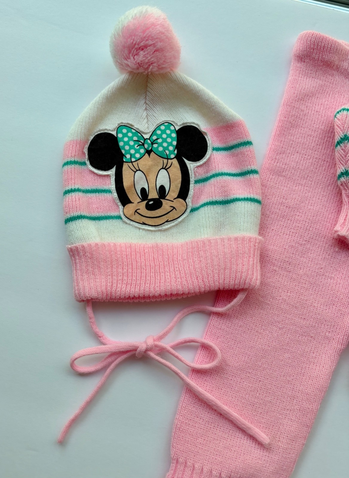 VTG 1984 Disney Babies Minnie Mouse Knit Sweater Pants Hat Set 0-6M Pink/Teal