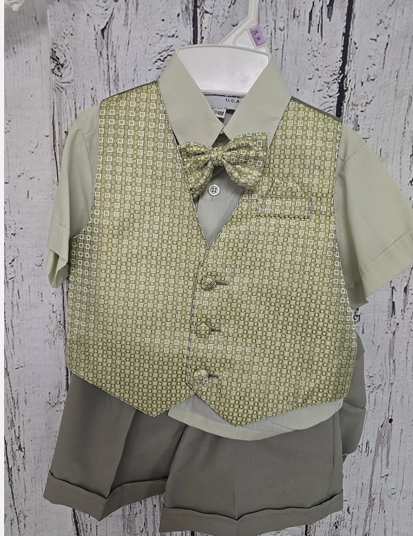 NWT Shannon Kids Boys 24M 5 Pc Suit Set Sage Green Vest Shirt Shorts Hat Tie