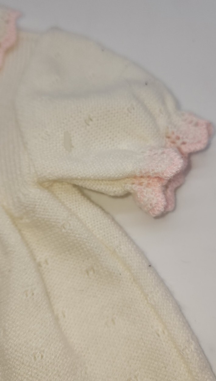 Small Creations White Knit Dress Pink Scalloped Edge Buttoned Back Made In Spain