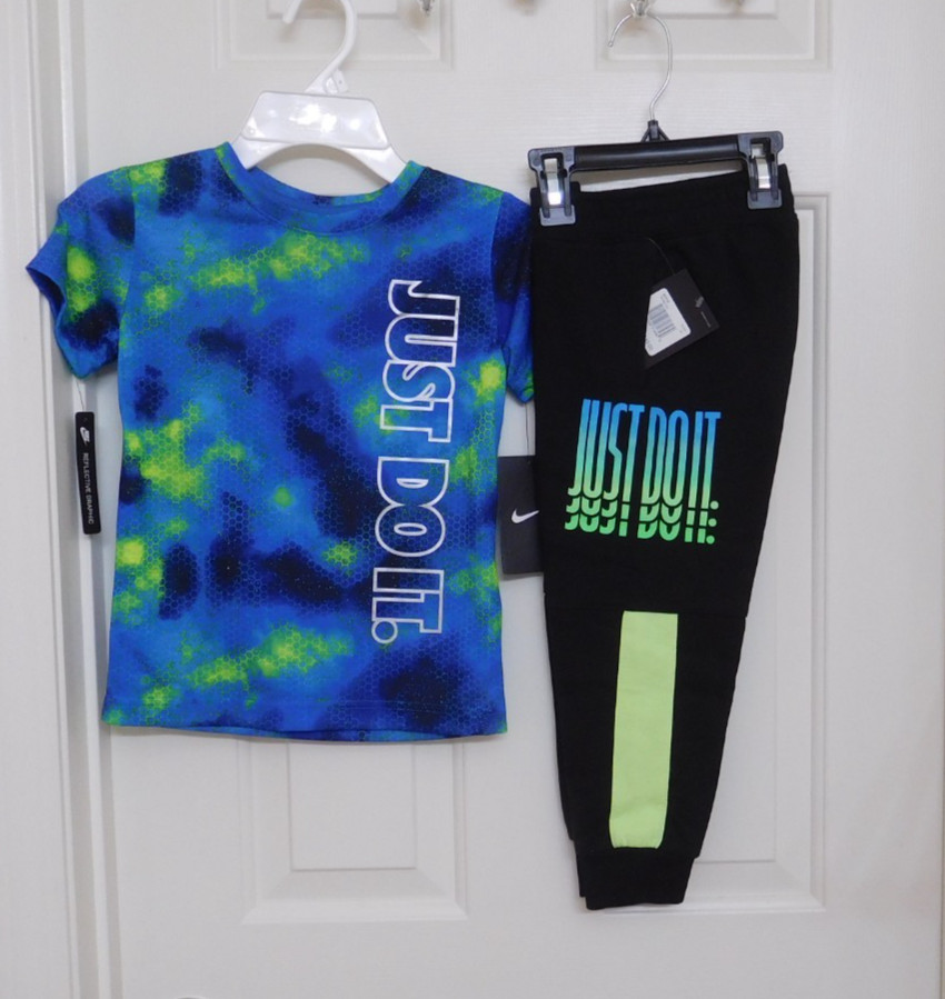 NWT 2pc Nike Blue Green Black Shirt & Logo Joggers Set sz 4t 4