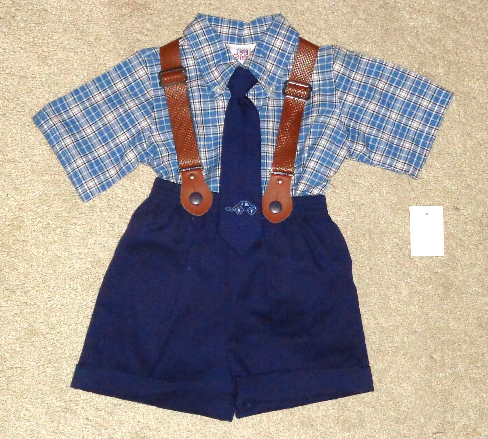 Happy Fella Baby Boys Shorts Plaid Button Shirt Outfit Suspenders Tie 12 Months