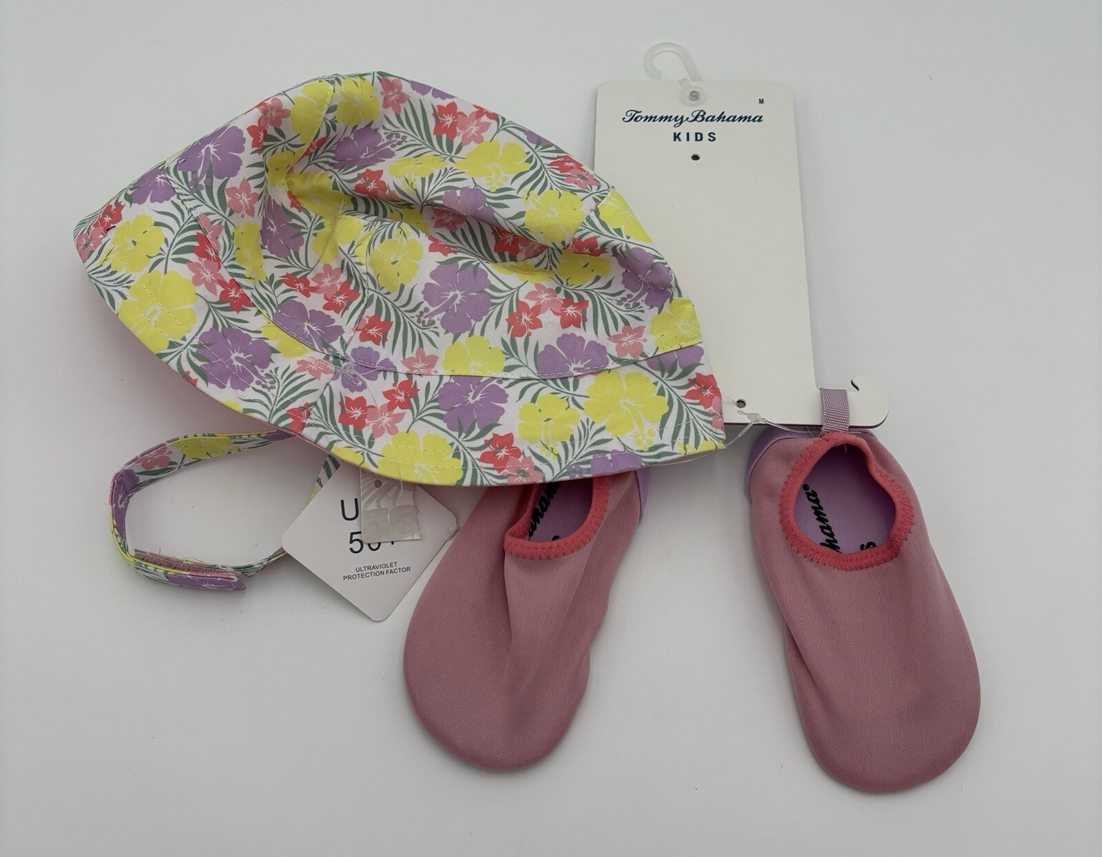 Tommy Bahama Kids Bucket Hat and pool shoes set pink Size medium NEW!