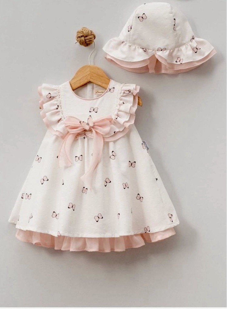 Girls White Pink Bow Sleeveless Dress Set with Hat and Ruffle Accents