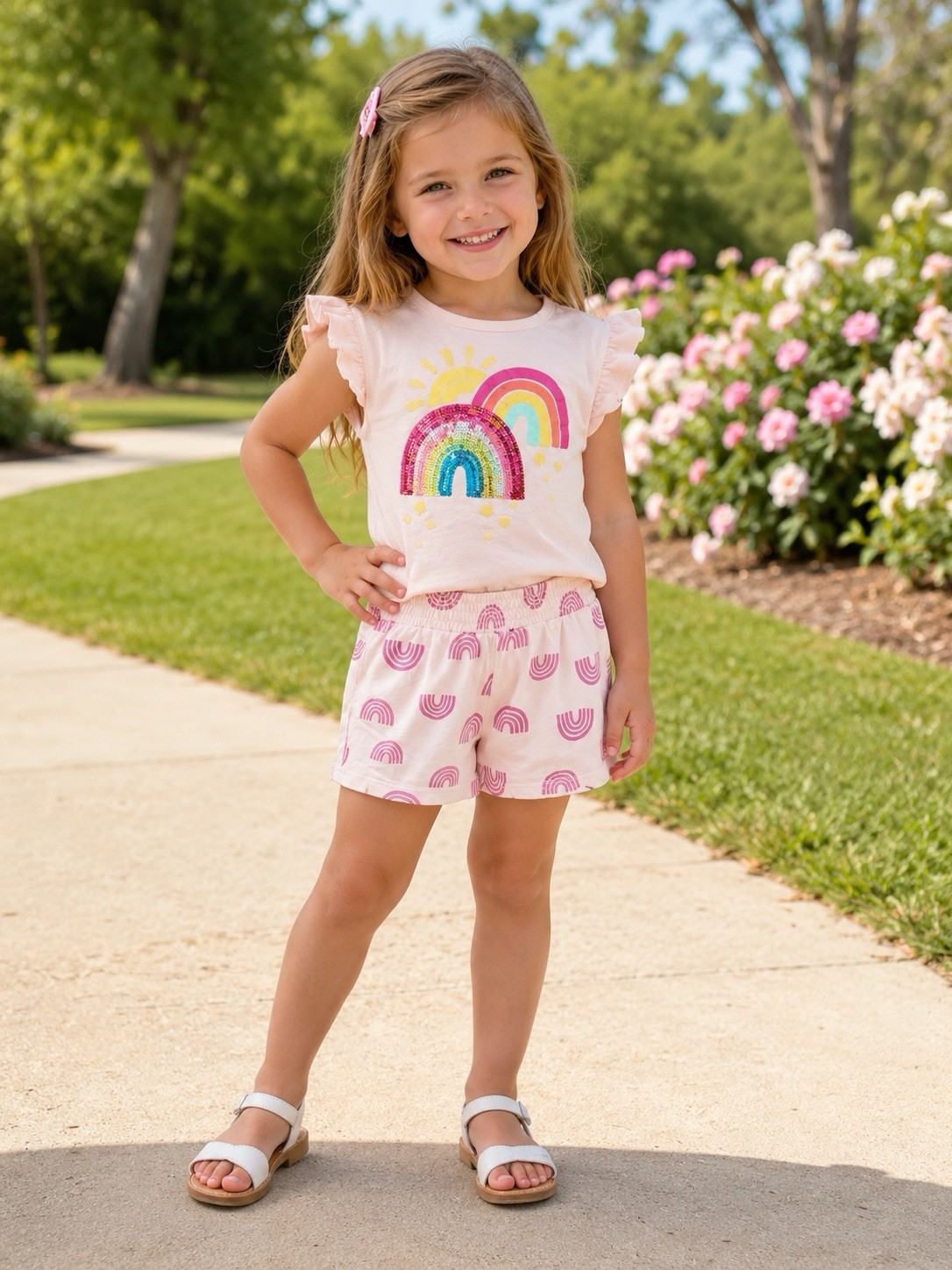 KIDTOPIA 2 Piece Outfit Set Sequin Rainbow Top & Shorts Pink Toddler Summer 4T
