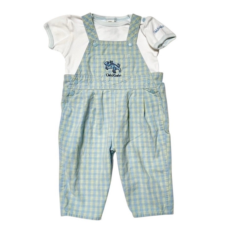 Vintage OshKosh Lizard Plaid Overalls and Logo Shirt Size 6-9m