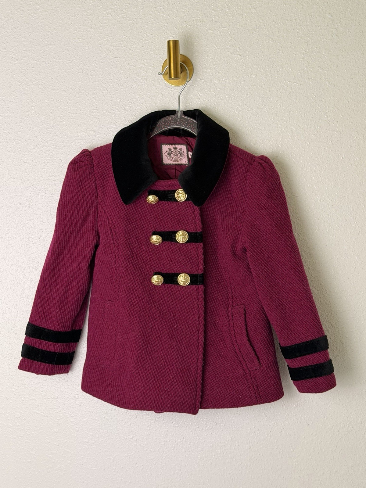 Vintage Juicy Couture Pink Pea Coat Black Collar Gold Buttons Women’s Size S