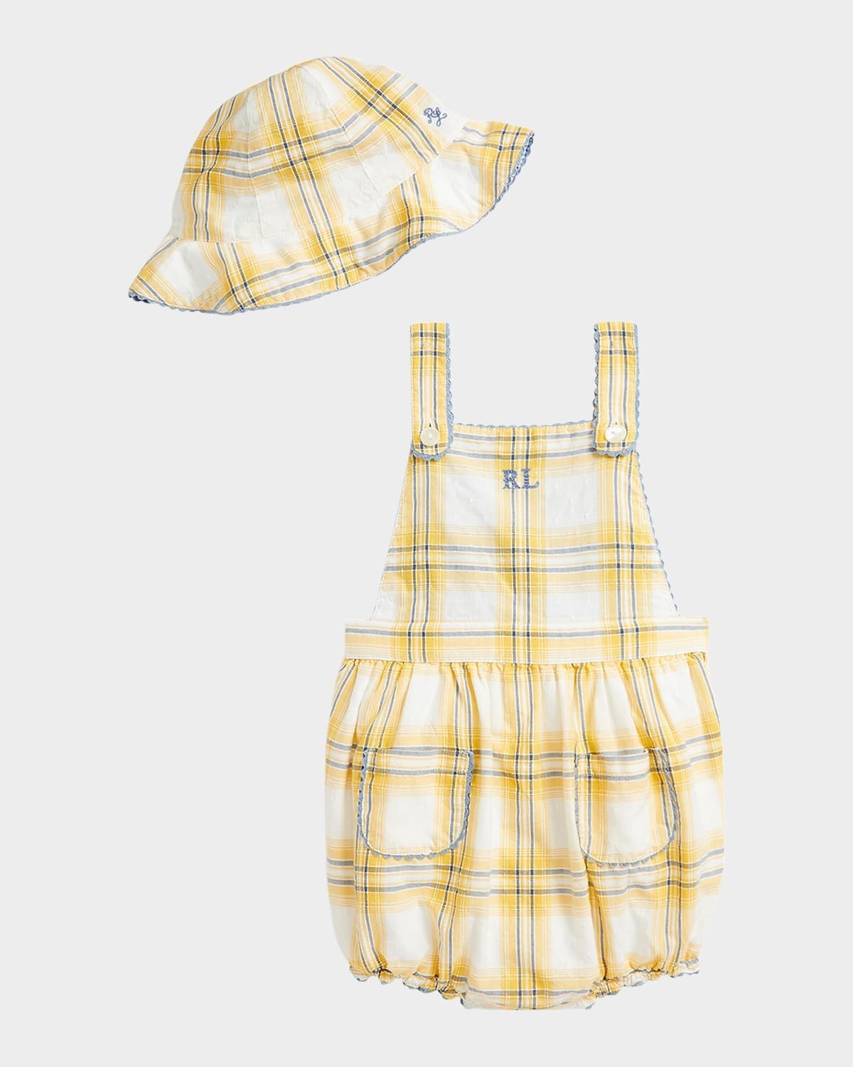 Polo Ralph Lauren Plaid Dobby Shortalls Girls’ 24M Yellow Deckwash Multi Button
