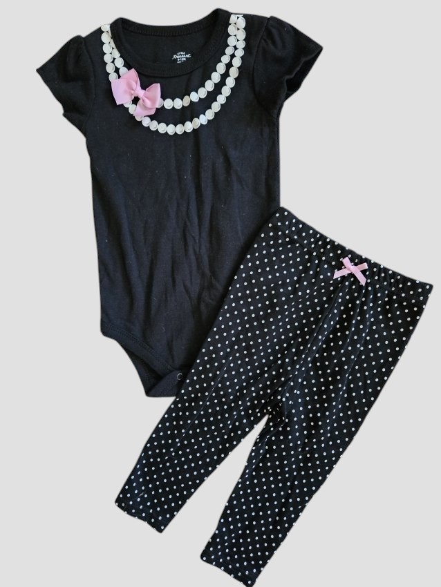 * LITTLE TREASURE Black and White Polka Dot and Pearls Pant Set 9-12 months