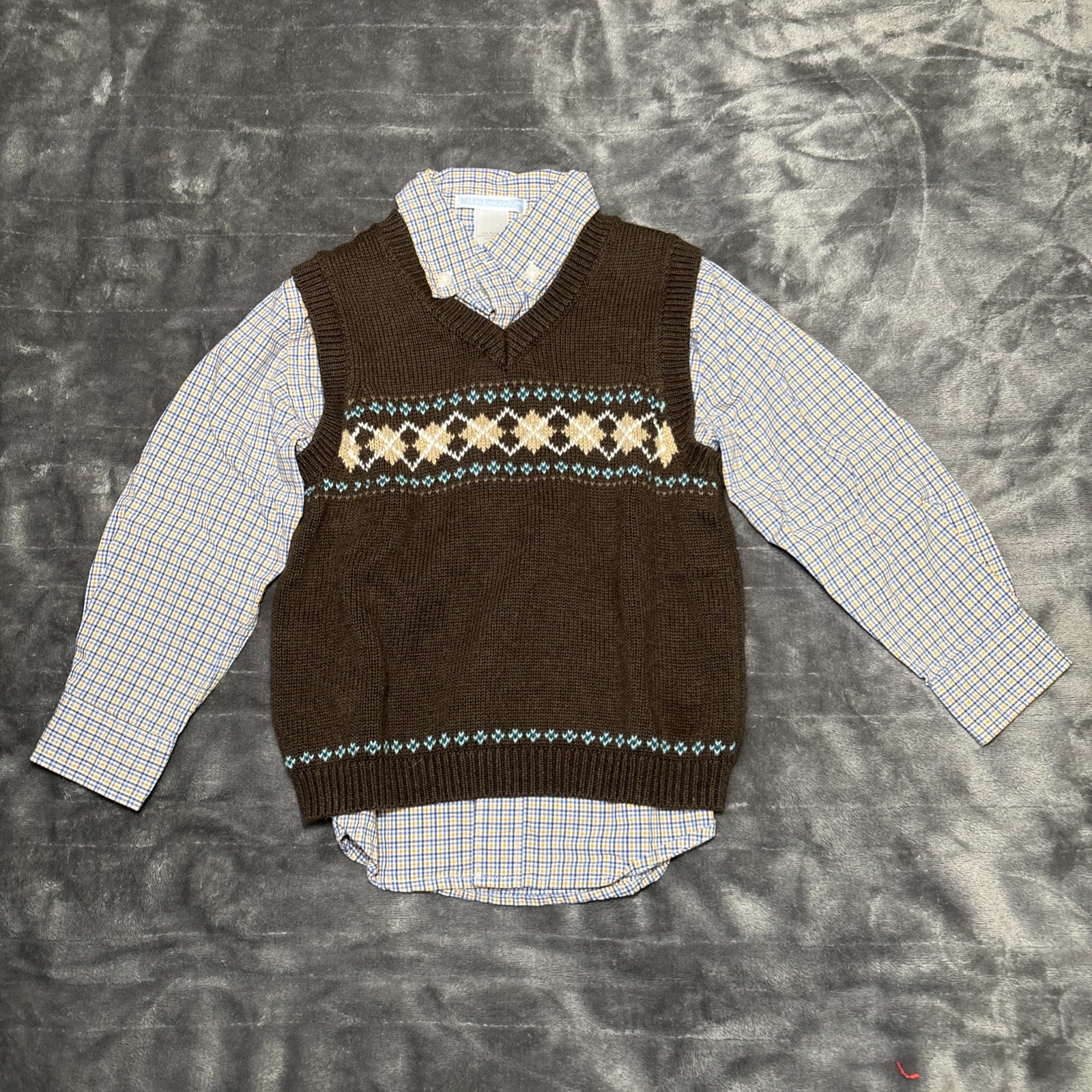 JANIE & JACK Kids Plaid Button Down Dress Shirt & Brown Sweater Vest Size 3
