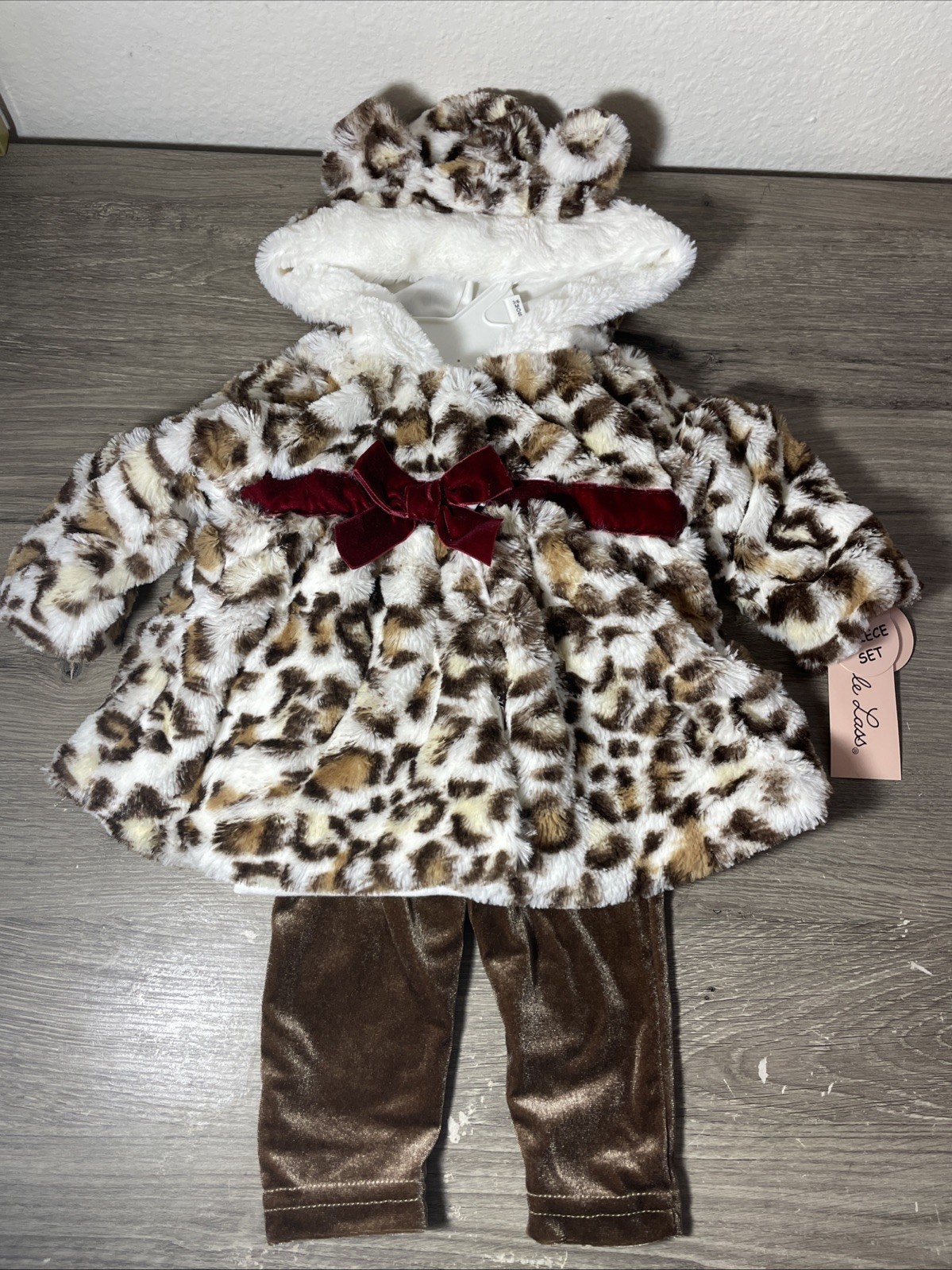 NWT Little Lass Baby Girl 3pc Leopard Faux Fur Hooded Jacket Velvet Pants Set
