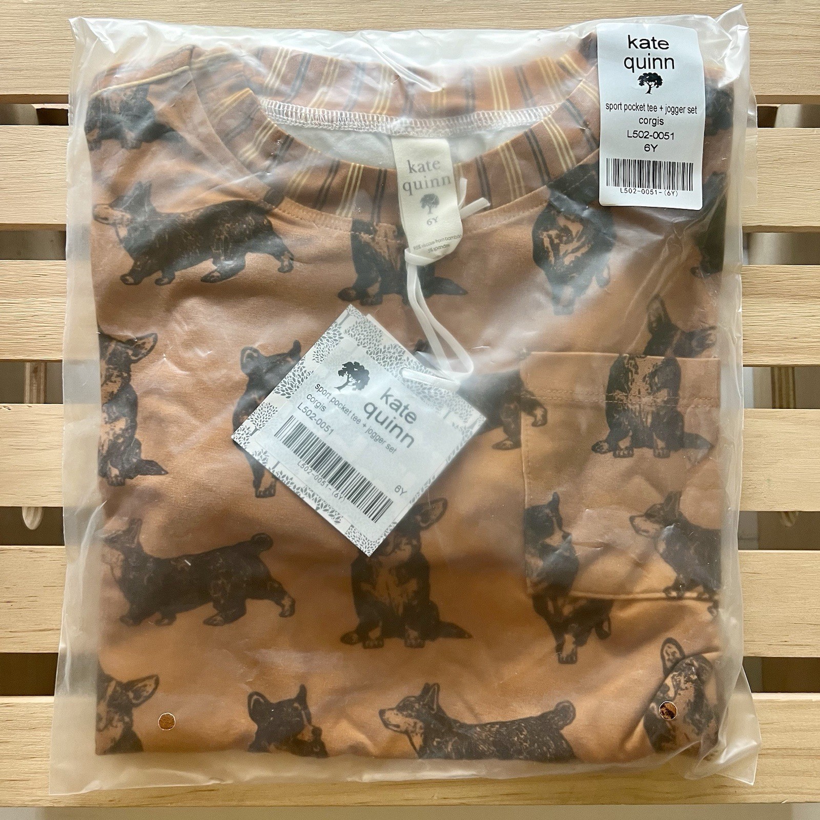 NIB Kate Quinn 5Y Sport Pocket Tee Jogger Set Corgis Light Weight Bamboo