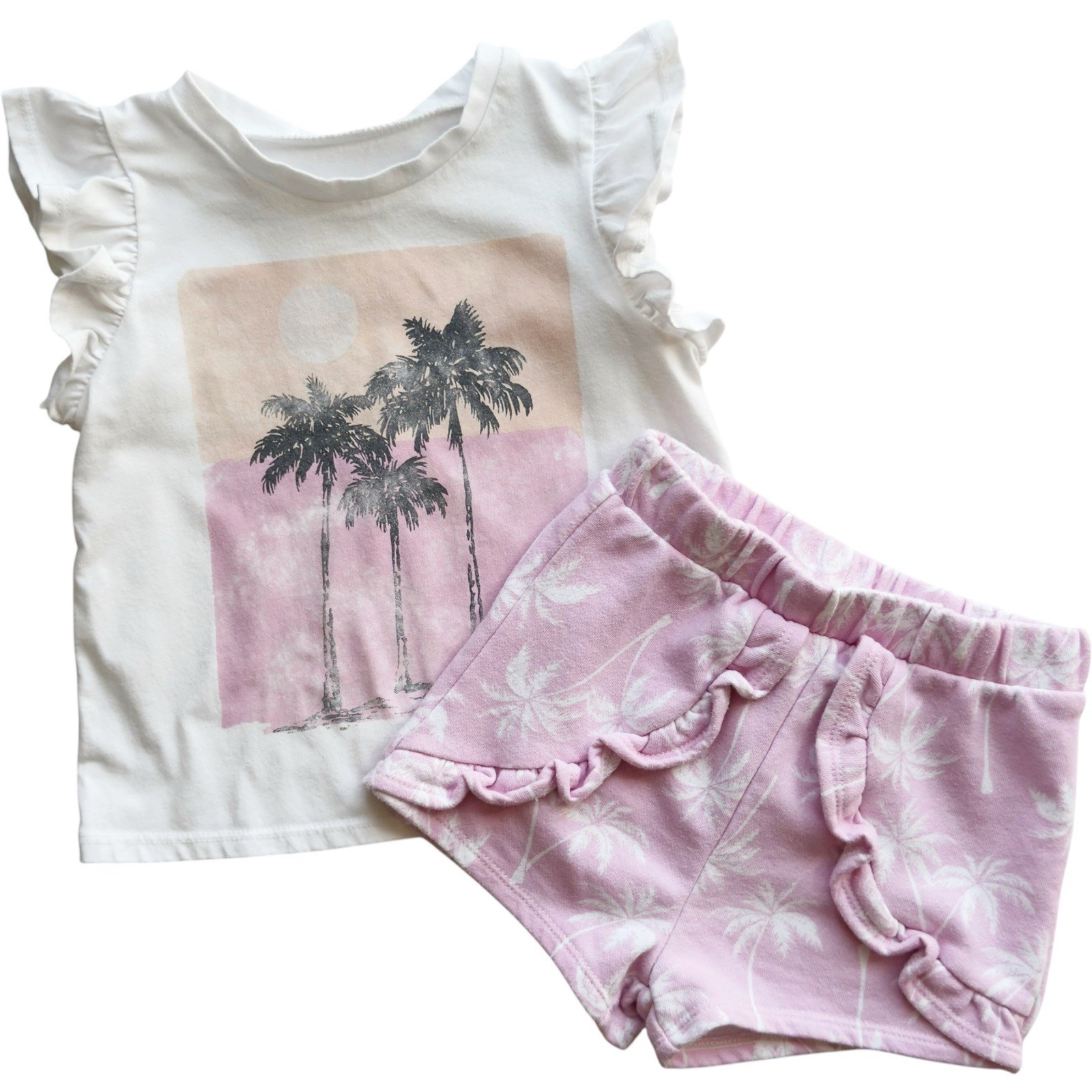 Grayson Mini Toddler Flutter Sleeve Palm Tree Print & French Terry Shorts Set 3T