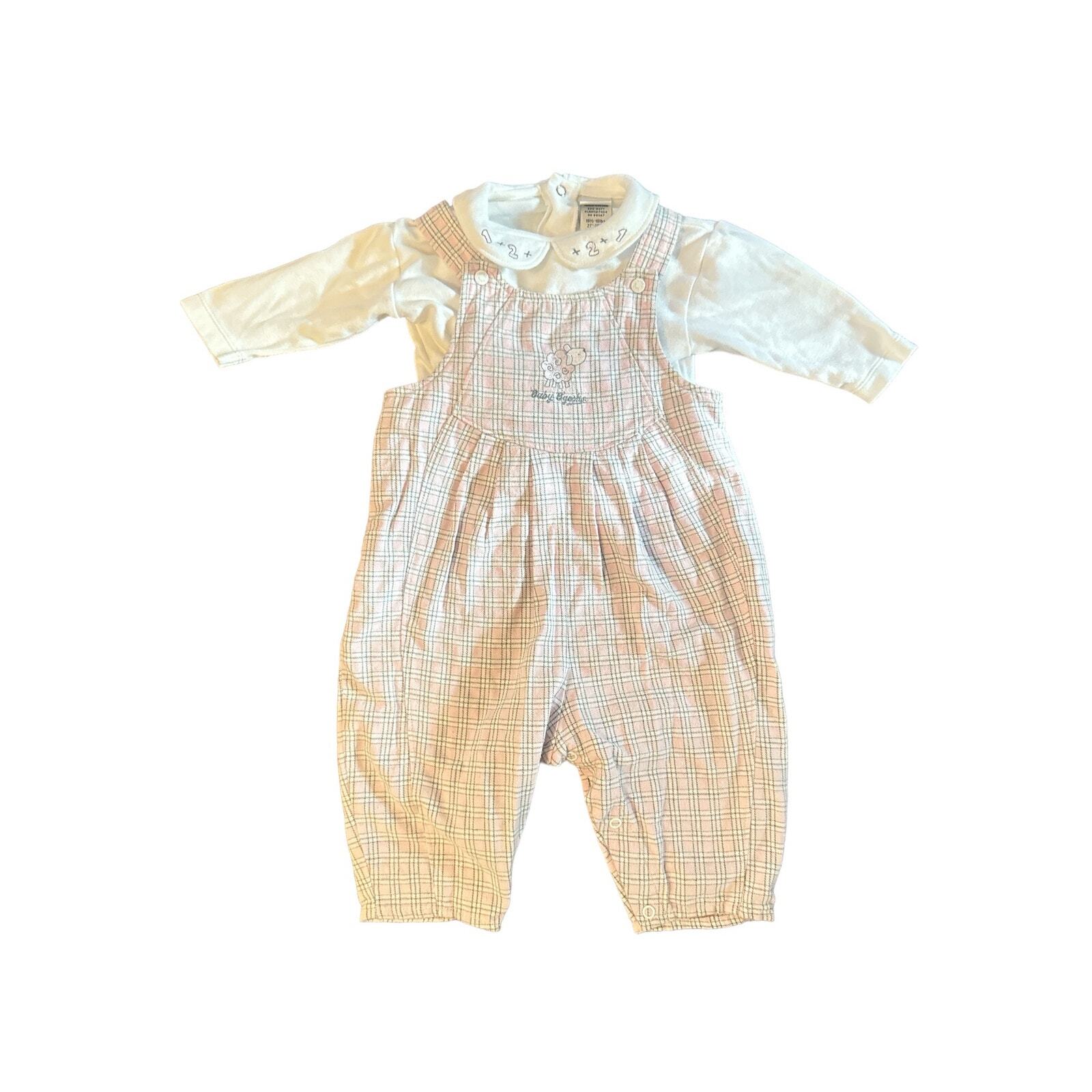 Vintage 1990s Baby Oshkosh B’Gosh 2 Pc Long Slv 6-9Mo Overalls Set Pink Plaid