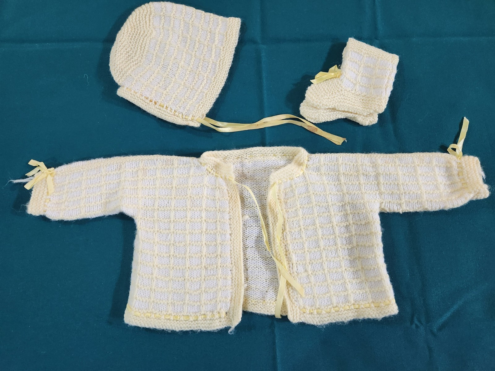 Vintage 60s Handmade Knit Sweater Set Yellow Sweater Hat Booties Unisex Ribbons