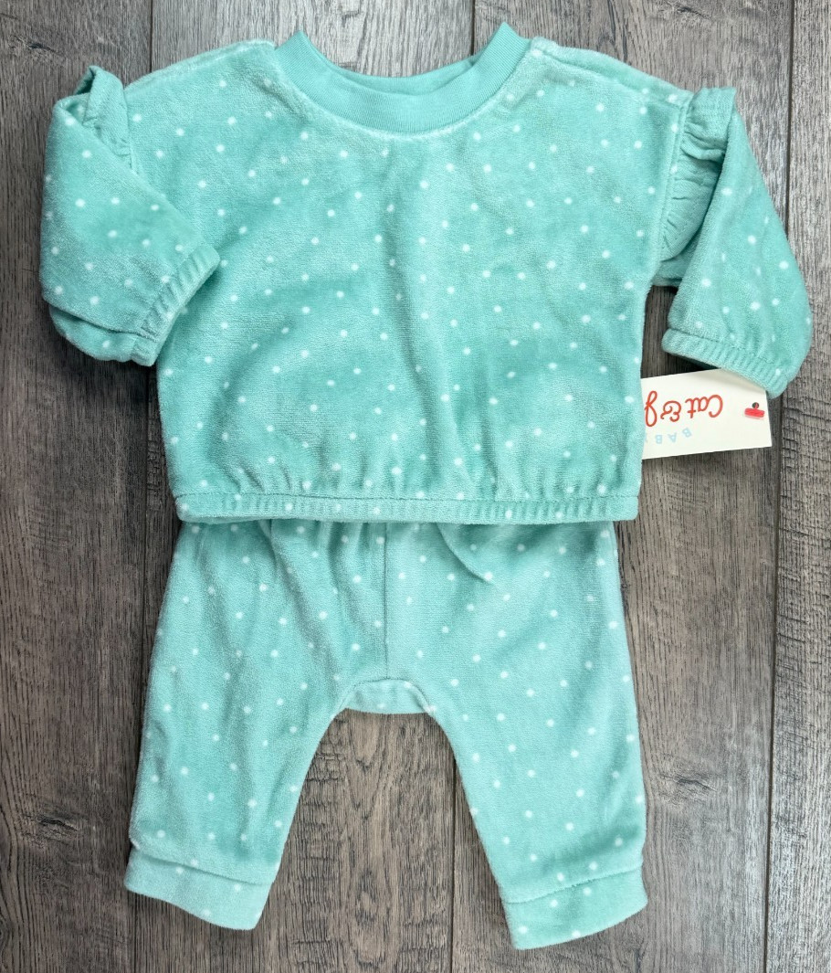 Baby Girl Clothes New Cat & Jack Newborn Green Polka Dot Soft 2pc Ruffle Outfit