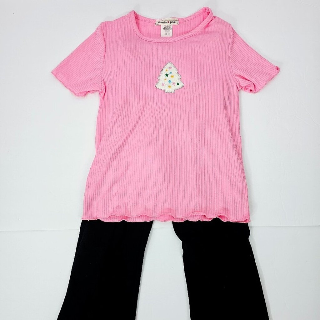 Dream Girl Pink & Black Christmas Tree Sparkle Top With Kick Flare Pants Size 10
