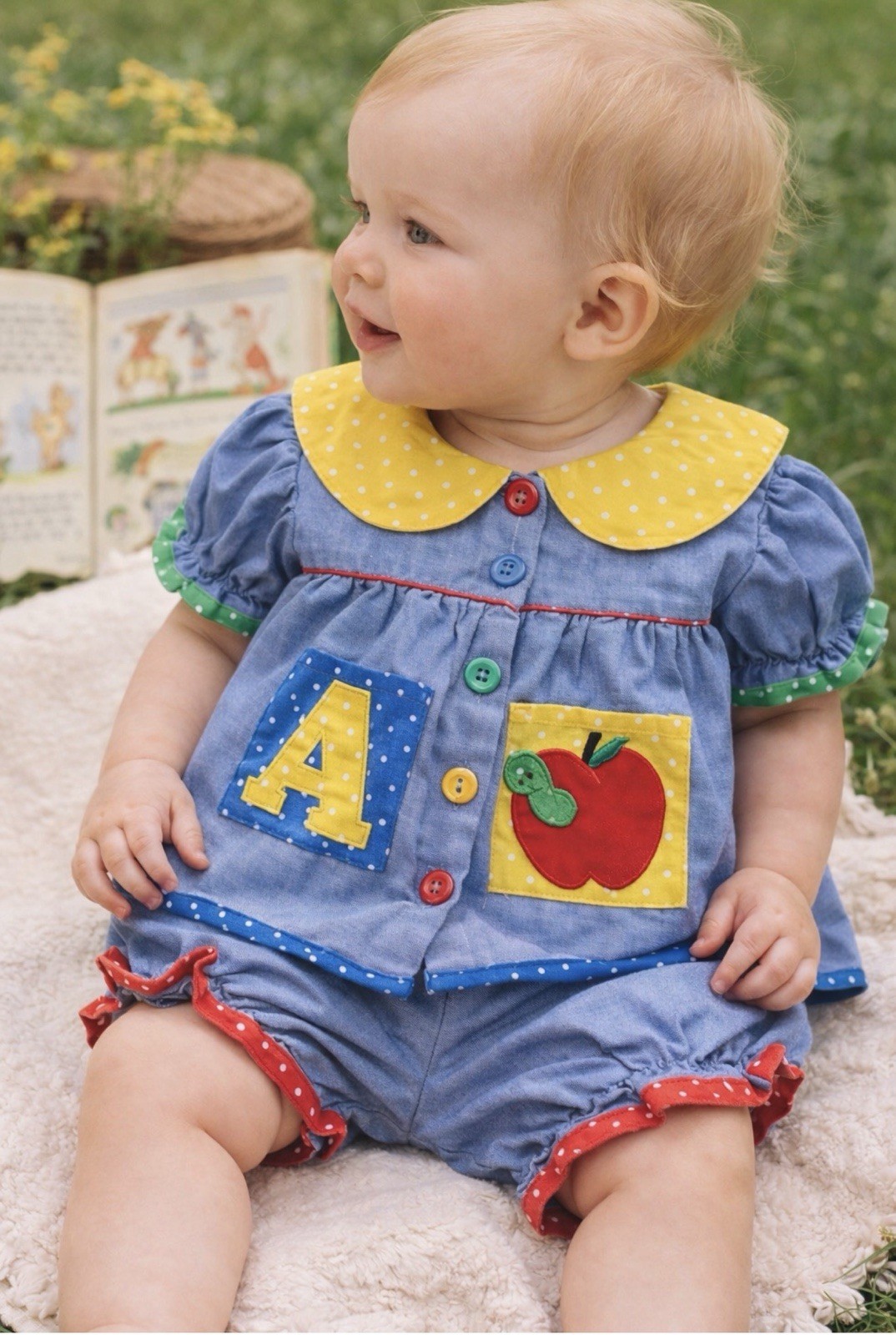 Vintage Baby 2 Piece Outfit Set 3-6 Months ABC Apple Patch Peter Pan Collar