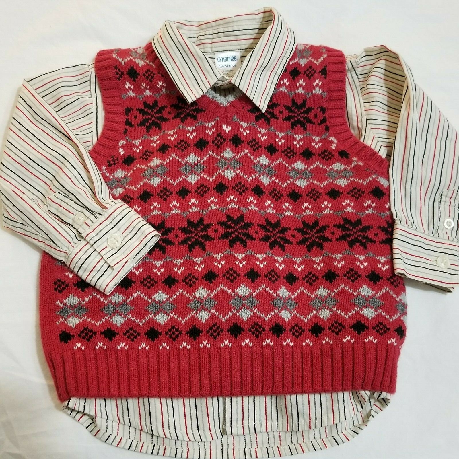 Gymboree Boys Dress Shirt Vest Set Size 18-24 Month Red Gray Black V Neck Stripe