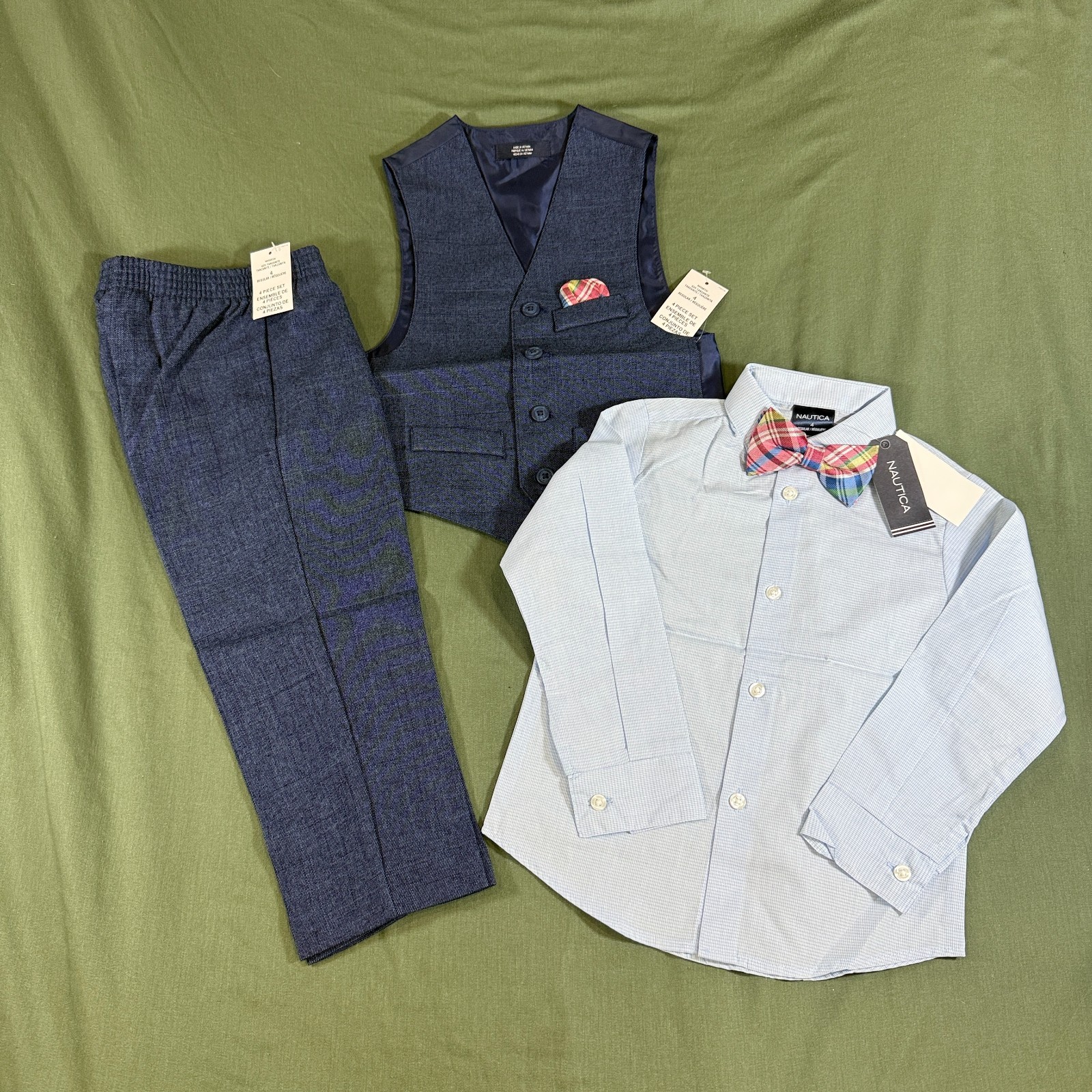 Nautica Boys 4 Piece Suit Set 3T Blue Vest Pants Shirt Bow Tie New