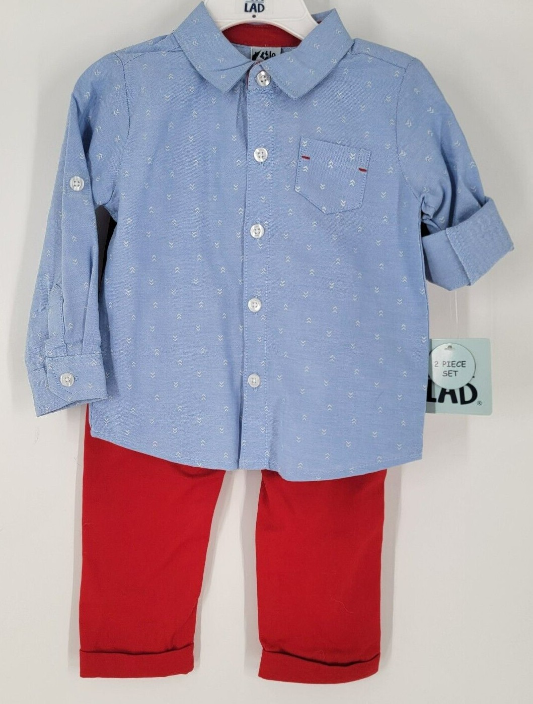 Baby Boys LITTLE LAD Button Down Shirt & Pants Set Sz 18M NWT Red/Blue