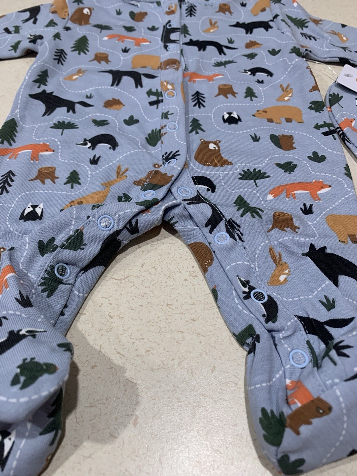 NEW Infant Baby Boy Sleep ‘n Play Jumpsuit w/ Hat Set Blue Tree Bear Fox Animals