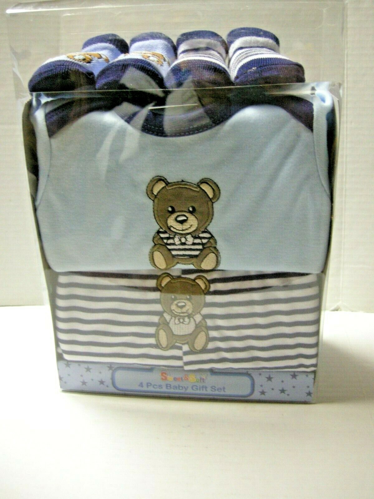 Bear 4 Piece Baby Gift Set By Sweet & Soft, Blue & White, 0-6 Months, Brand New
