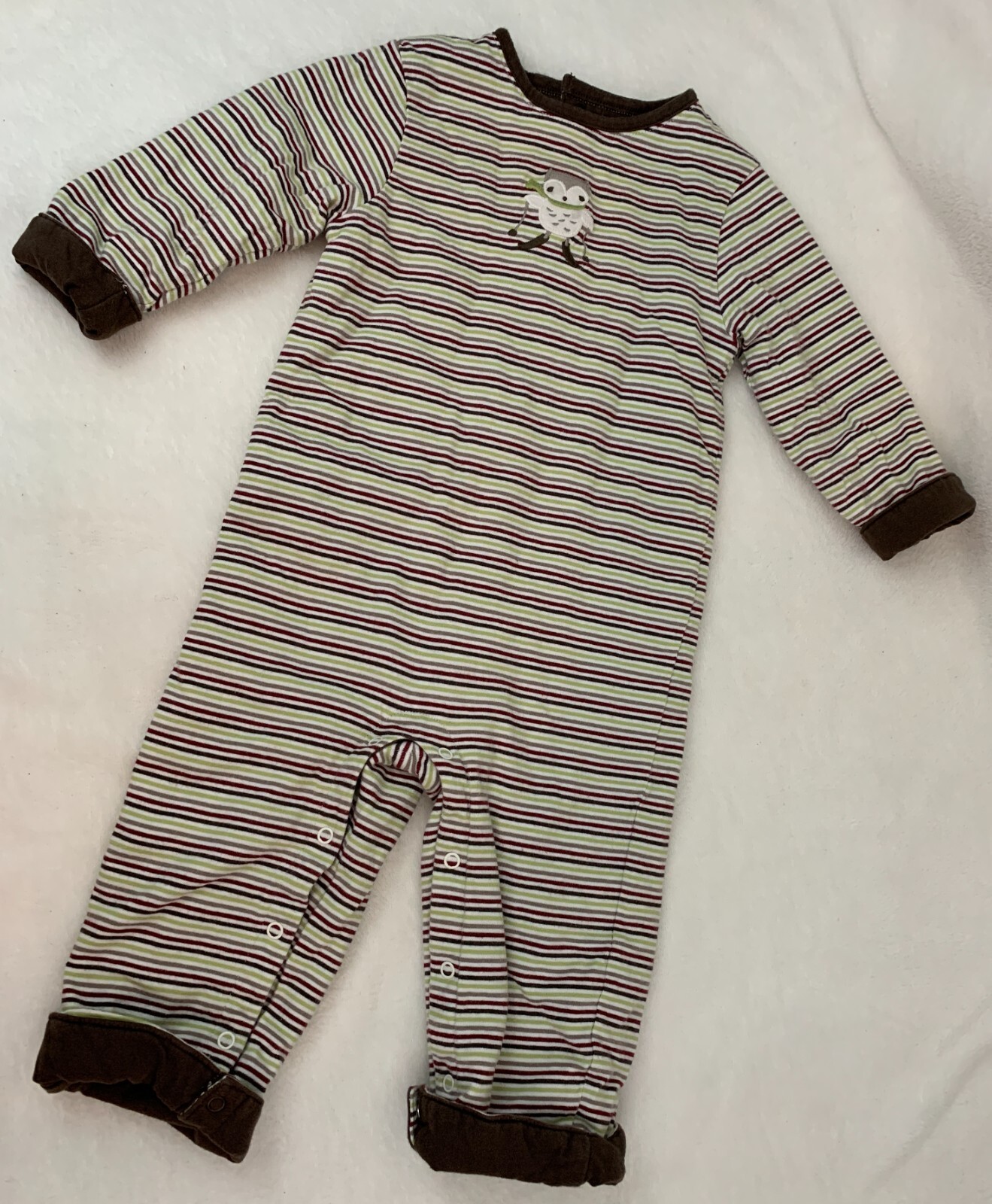 JANIE and JACK – Brown Stripe Owl on Skis Thermal One Piece Coveralls 12-18 Mos
