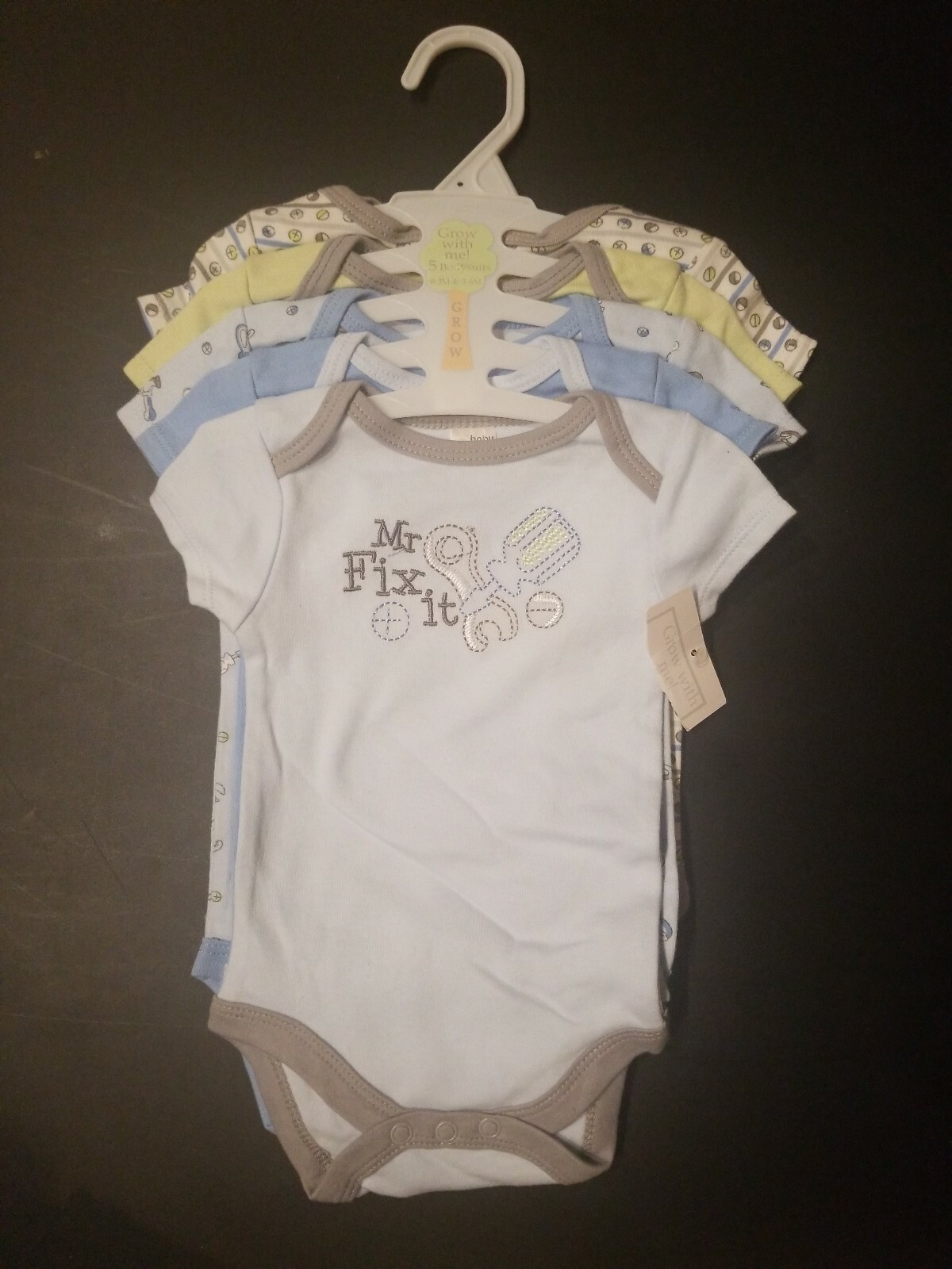 Baby Gear 5 Pc Grow With Me Bodysuit 0-3 & 3-6 Mos Mr. Fix It blue green gray
