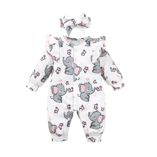 Baby Girl Elephant Print Romper Long Sleeve Bodysuit Outfit 0-18M Newborn
