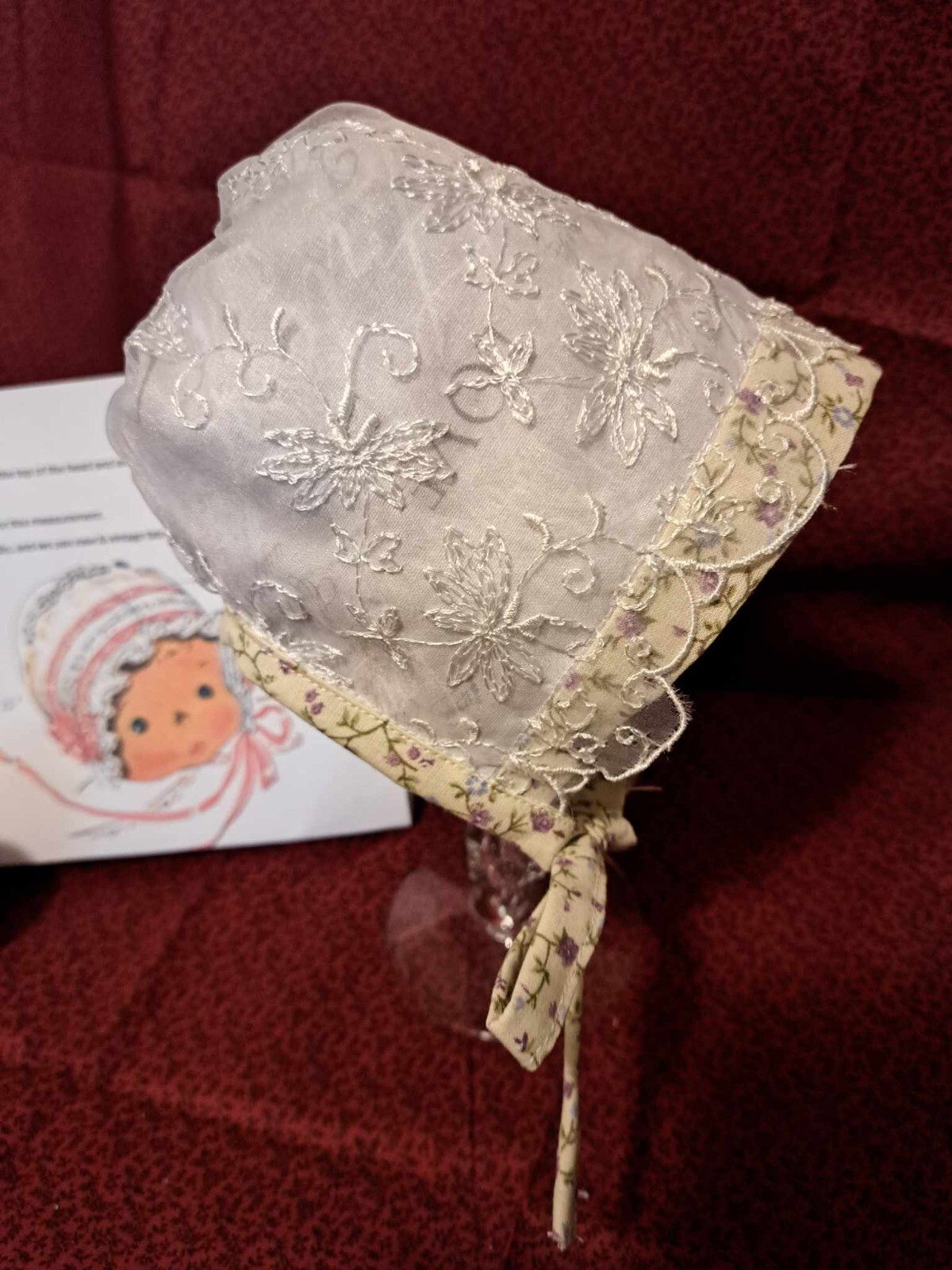 Baby Bonnet-Made with Calico and fun prints trimmed with Vintage trims 0-3 Month