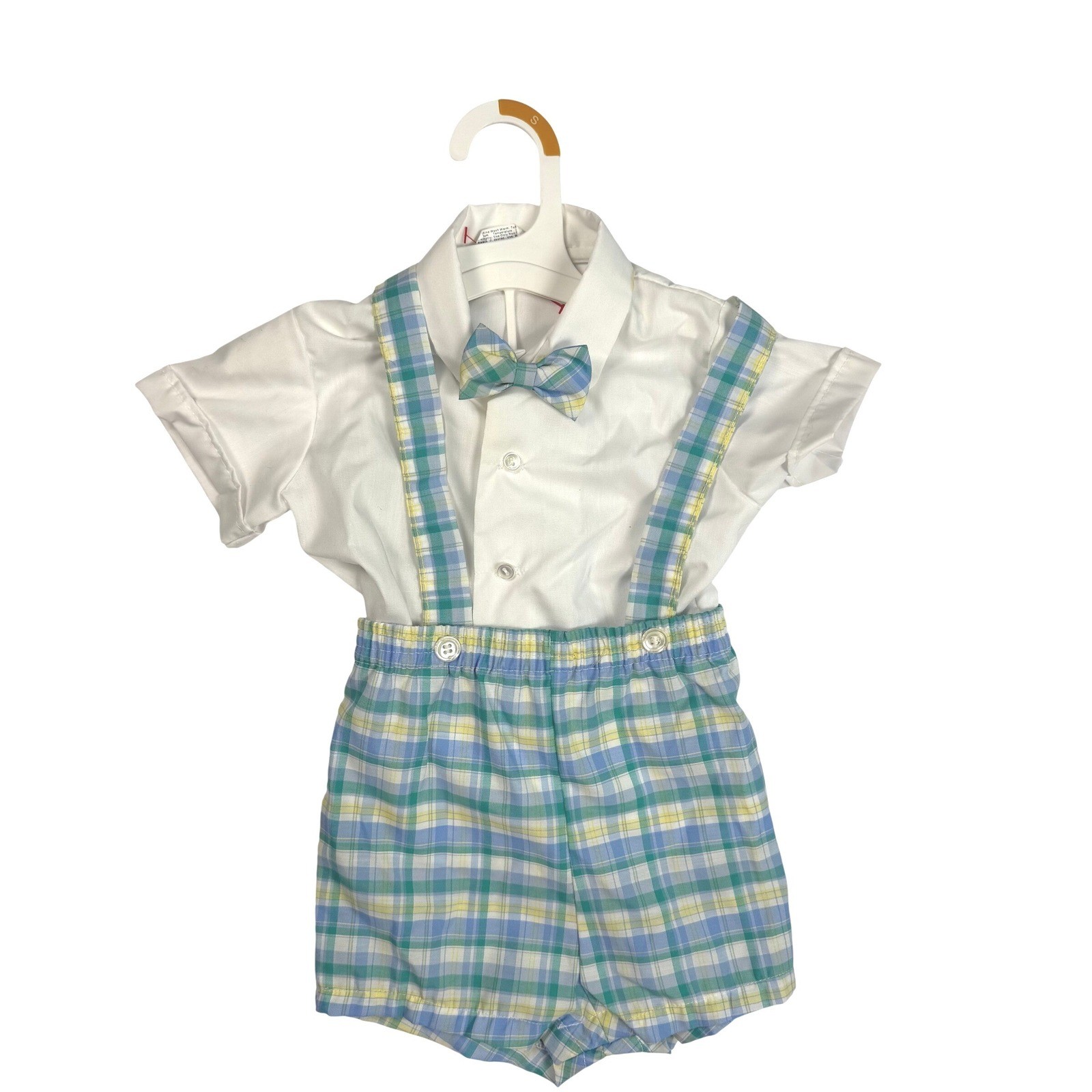 Good Lad Vintage Cottagecore Boys Suspenders Shorts Set White Blue Plaid 24M
