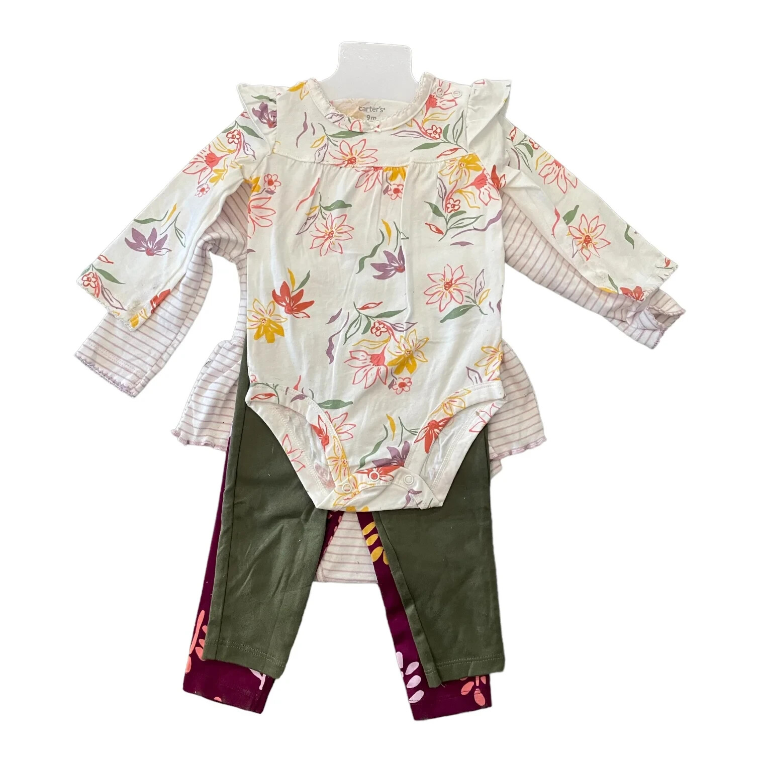 Carter’s Girls’ 4-Piece Bodysuit Pant Set-Maroon Floral/Purple Stripe-9-12M-NWT